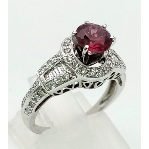 143 - 18K White Gold DIAMOND & RED STONE RING 0.50CT Diamond, weighs 3.8G,  SIZE L