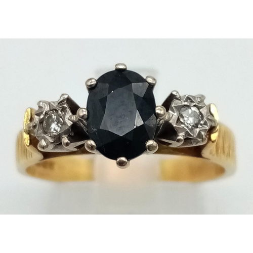 239 - 18k yellow gold Sapphire and diamond trilogy ring 
Size Q, weighs 4.92g (0.06ct diamonds/1ct sapphir... 