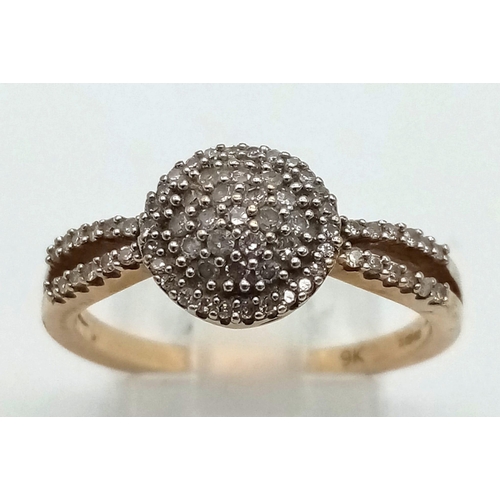 437 - 9k yellow gold diamond cluster ring with diamond set split shoulders
Size Q, weighs  2.9g