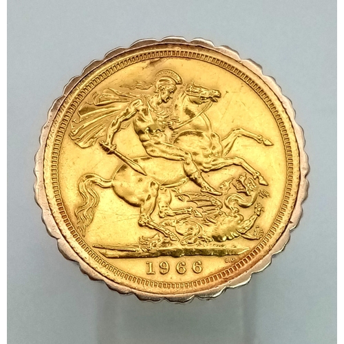 57 - 9k Yellow Gold Ring Mount Set with 22k 1966 Full Sovereign. 18G, Size S. World Cup Winning Year.