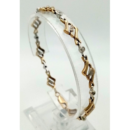 64 - 9k 2 Colour Gold Diamond Set Bracelet. Weighs 8.3G, 20cm in length.