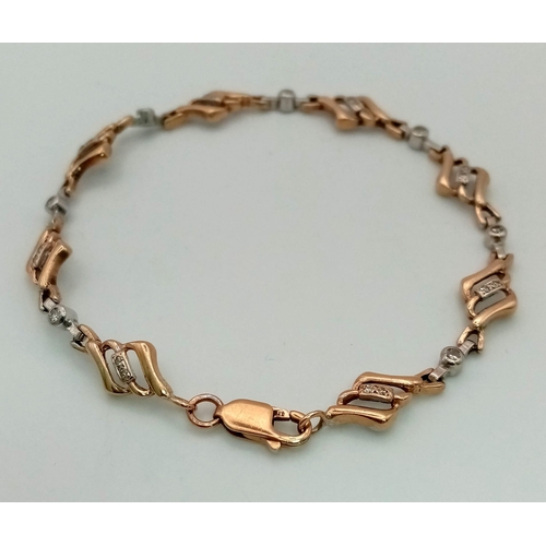 64 - 9k 2 Colour Gold Diamond Set Bracelet. Weighs 8.3G, 20cm in length.