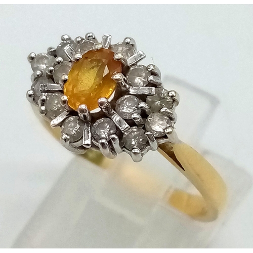 92 - 18k Yellow Gold Diamond and Citrine Ring. 0.53ct Diamond. Size P, weighs 4.6g