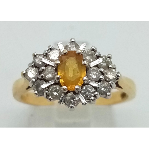 92 - 18k Yellow Gold Diamond and Citrine Ring. 0.53ct Diamond. Size P, weighs 4.6g
