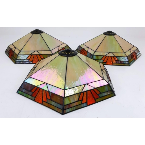 193 - Three Large Art Deco Tiffany Style Glass Lamp Shades. Warm desert colours with a geometric red motif... 