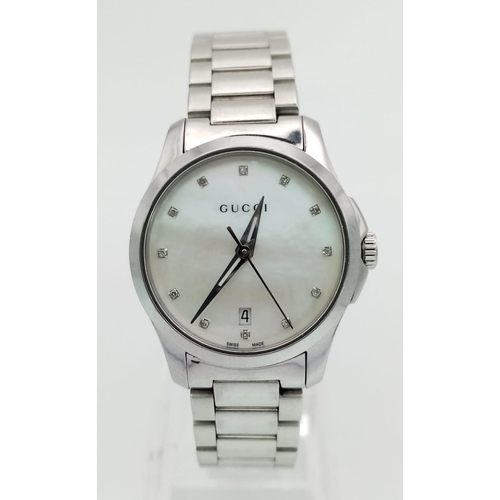 292 - Gucci G Timeless Ladies Steel Bracelet Watch, Diamond Dot with Mother of Pearl Dial, Full Working Or... 