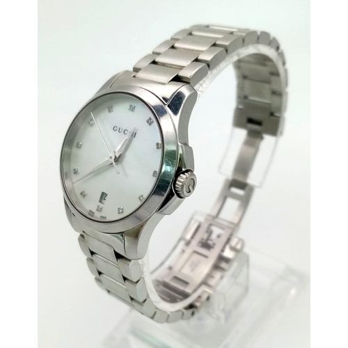 292 - Gucci G Timeless Ladies Steel Bracelet Watch, Diamond Dot with Mother of Pearl Dial, Full Working Or... 