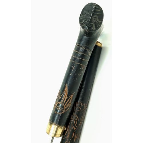 397 - An Antique Walking Stick with Hidden Short Sword. Push button release on a gilded band. Interesting ... 