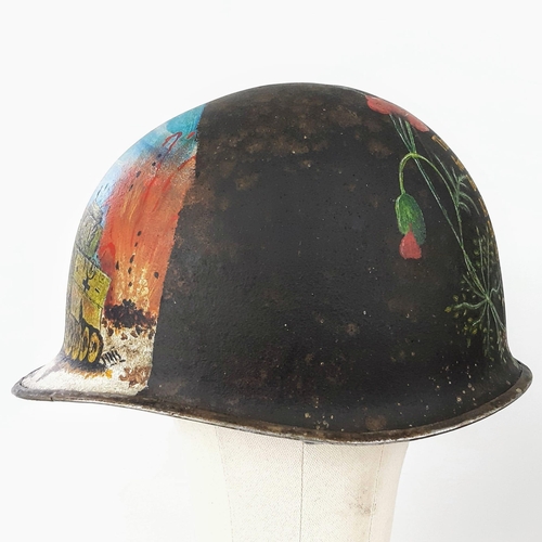 104 - WW2 US Fixed Bale Helmet that was found in the Ardennes near St Vith. It has been hand painted as a ... 