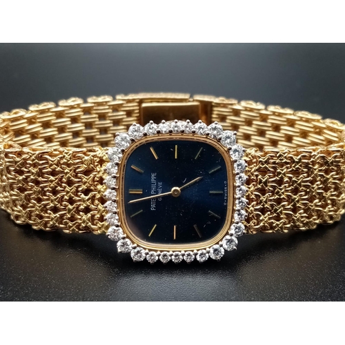 117 - A Patek Phillipe Classic 18K Gold and Diamond Ladies Watch. Woven gold bracelet. Gold case - 24mm. B... 