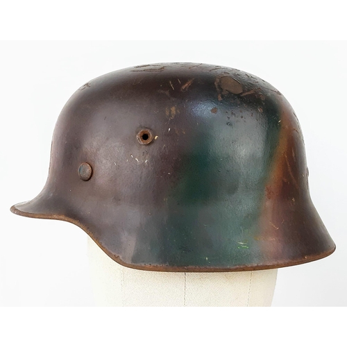 168 - WW2 German M40 Stahlhelm Steel Combat Helmet. Green and Tan Normandy Camo with ventilation holes, si... 