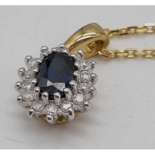 45 - A Beautiful Sapphire and Diamond Pendant set in 9K Yellow Gold with a 9K Yellow Gold Necklace. Oval ... 