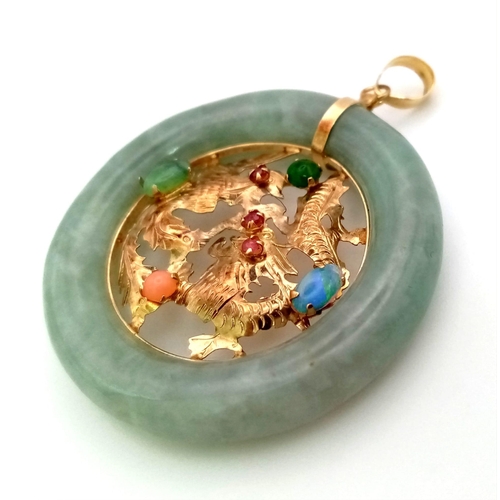 507 - An Antique Chinese Jade Pendant. High-Karat Gold with Emerald, Ruby and Opal decoration. 11.25G tota... 