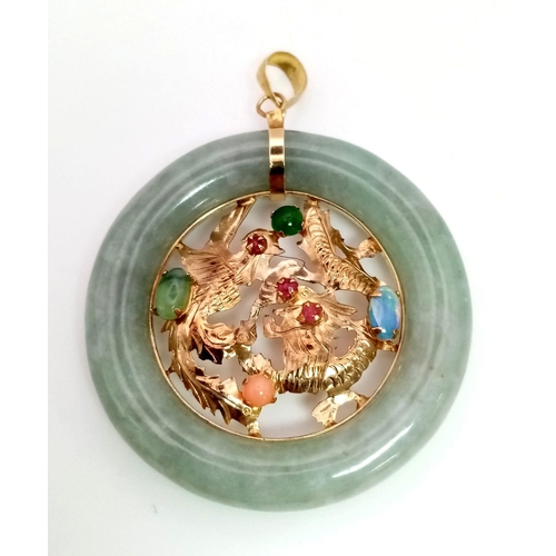 507 - An Antique Chinese Jade Pendant. High-Karat Gold with Emerald, Ruby and Opal decoration. 11.25G tota... 