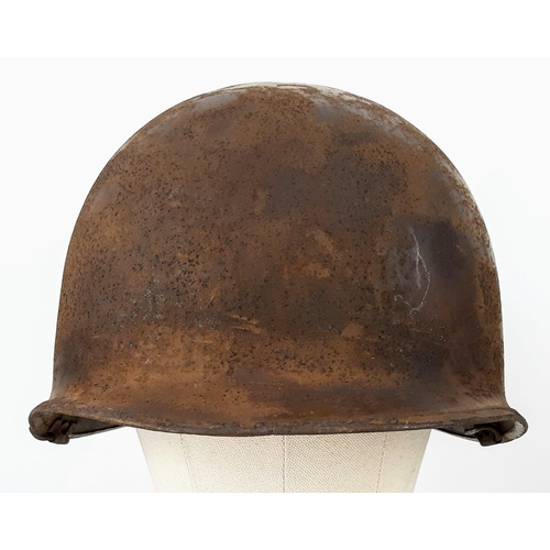 222 - WW2 US Army 3rd Infantry Division Helmet. A swivel bale example retaining a flash of the blue and wh... 