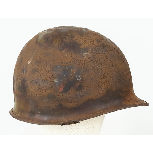 222 - WW2 US Army 3rd Infantry Division Helmet. A swivel bale example retaining a flash of the blue and wh... 