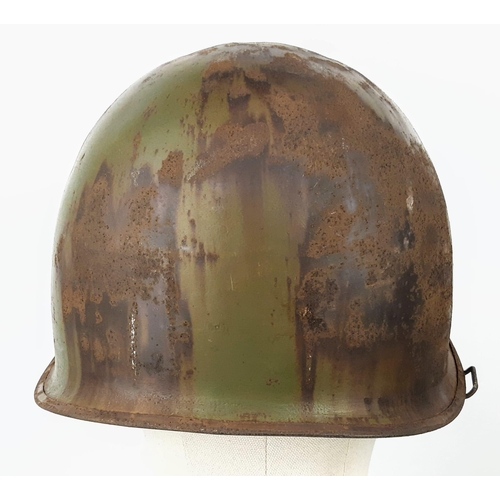 222 - WW2 US Army 3rd Infantry Division Helmet. A swivel bale example retaining a flash of the blue and wh... 