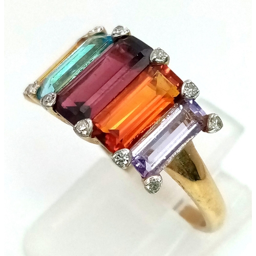 251 - 9k Yellow Gold, Amethyst, Aqua, Citrine and Tourmaline Ring. Size P, Weighs 3.04G