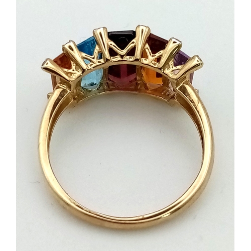 251 - 9k Yellow Gold, Amethyst, Aqua, Citrine and Tourmaline Ring. Size P, Weighs 3.04G