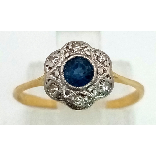 226 - An 18K  Yellow Gold Edwardian Platinum, Diamond and Sapphire Ring. 1.59g total weight. Size K