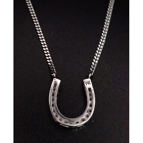 346 - 9k White Gold Diamond set Horseshoe Pendant on Chain, weighs 3.32g total length 46cm