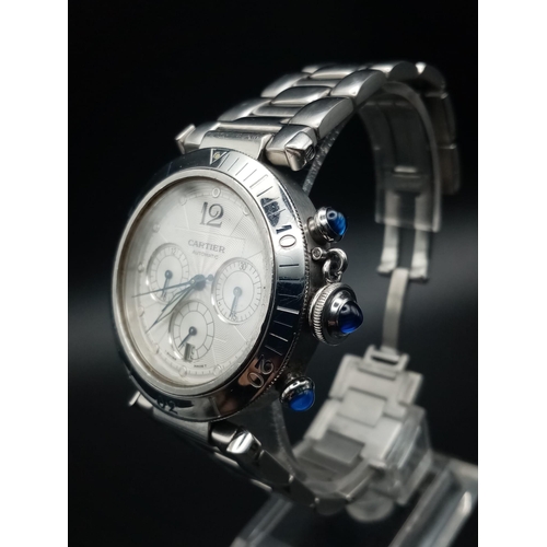 206 - A Cartier Pasha Automatic Gents Chronograph Watch. Stainless steel strap and case - 38mm. White dial... 