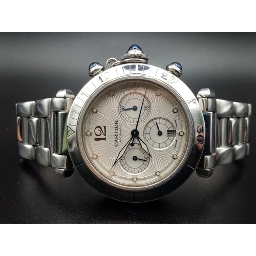 206 - A Cartier Pasha Automatic Gents Chronograph Watch. Stainless steel strap and case - 38mm. White dial... 