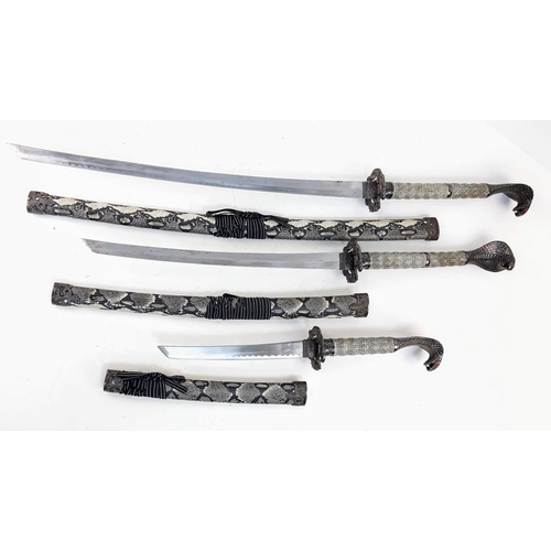 322 - A Rare Set of 3 Vintage Matching Japanese Swords (Katana, Wakazashi and Tanto) with Wooden Display S... 