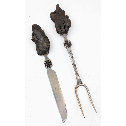 573 - WW2 German Trench Art in the form of a carving Knife and Fork. The handles fashioned from shrapnel f... 