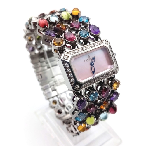 591 - A Corum Gemstone and Diamond Ladies Watch. Multi-gemstone bracelet with diamond bar separators. Case... 