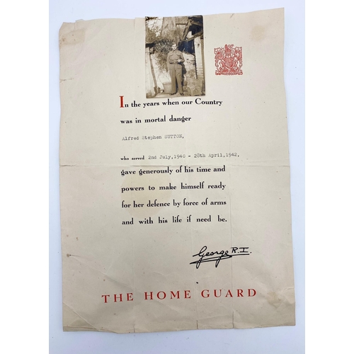 457 - WW2 British Home Guard Defense Medal with Certificate of Service, Lapel Pin and Photograph.