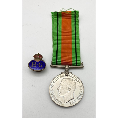 457 - WW2 British Home Guard Defense Medal with Certificate of Service, Lapel Pin and Photograph.