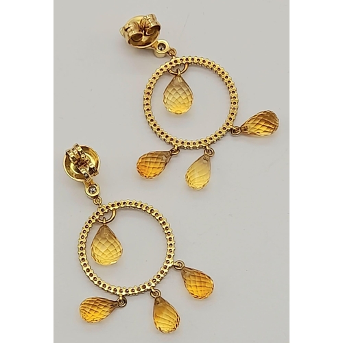 514 - A Vintage Pair of High-Karat Gold Earrings, with Brilliant Cut Diamonds and Citrine briollet drops. ... 