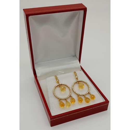 514 - A Vintage Pair of High-Karat Gold Earrings, with Brilliant Cut Diamonds and Citrine briollet drops. ... 