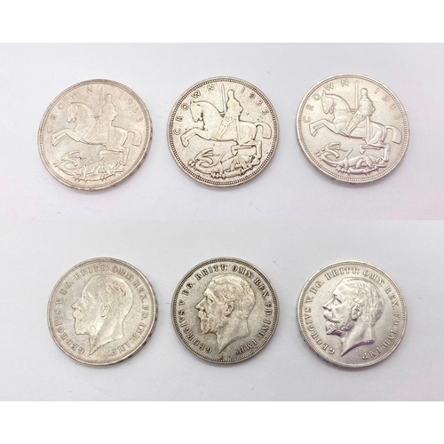 1109 - Three Silver,  George V 1935 Rocking Horse Crowns,  Very Good Condition, Total Weight 84.8 Grams