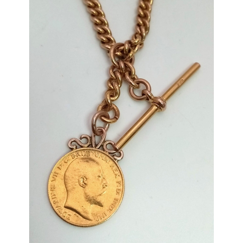 15 - A 1905 22K Gold Half Sovereign on a 9K Yellow Gold Albert Chain - 38cm. 35.52g total weight.