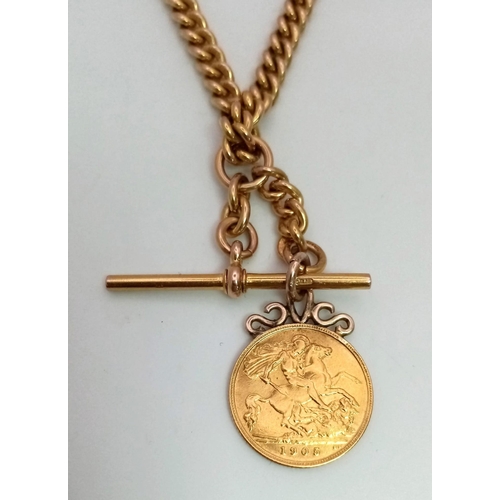 15 - A 1905 22K Gold Half Sovereign on a 9K Yellow Gold Albert Chain - 38cm. 35.52g total weight.