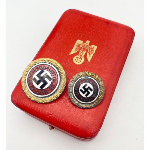 161 - WW2 German NSDAP Golden Party Badge Set. The Nazi Party badge with the addition of a gold wreath com... 