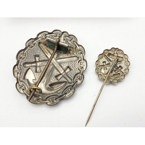 259 - WW1 Imperial German Navy (Kaiserliche Marine) wound badge and lapel pin. A silver grade example depi... 