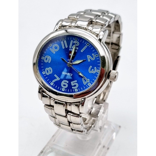 261 - A SWISS, CITY, stainless steel, gents watch. 39 x 34 mm oval case with blue dial. In excellent condi... 