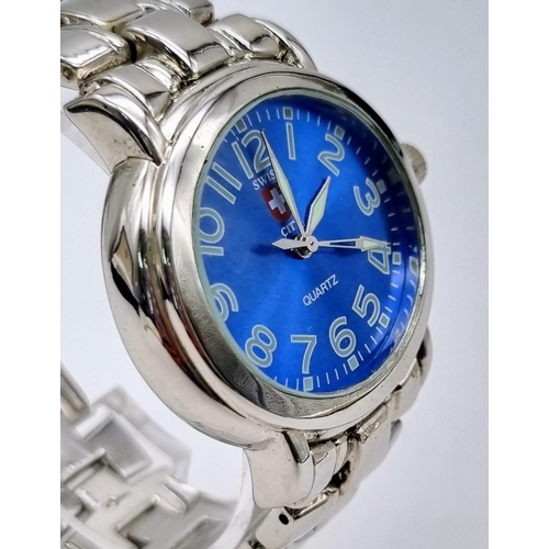 261 - A SWISS, CITY, stainless steel, gents watch. 39 x 34 mm oval case with blue dial. In excellent condi... 