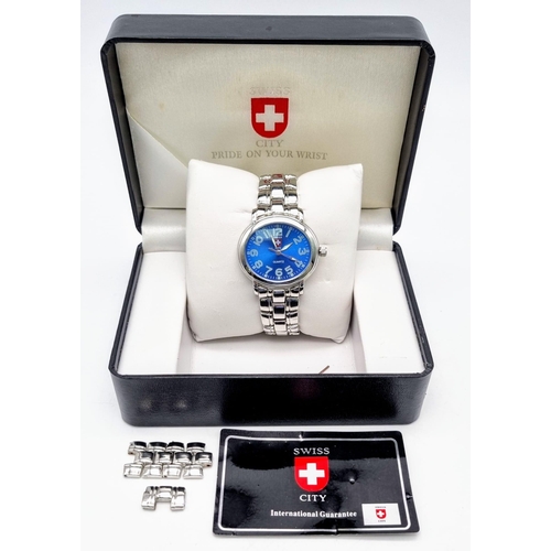 261 - A SWISS, CITY, stainless steel, gents watch. 39 x 34 mm oval case with blue dial. In excellent condi... 