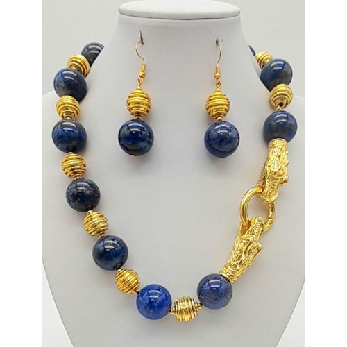 287 - A substantial, statement, lapis lazuli necklace and earrings set. Large 18 mm natural, undyed, lapis... 