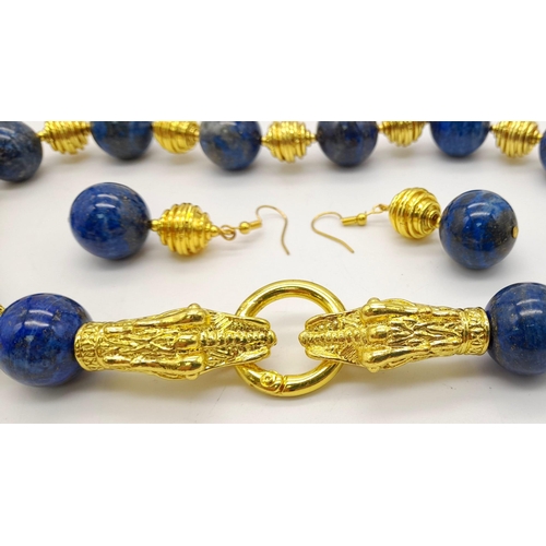 287 - A substantial, statement, lapis lazuli necklace and earrings set. Large 18 mm natural, undyed, lapis... 