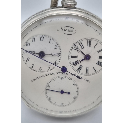 1 - A Fine Silver Antique 1867 Paris Exhibition Prize Medal Chronograph Pocket Watch - N 10157. Three su... 