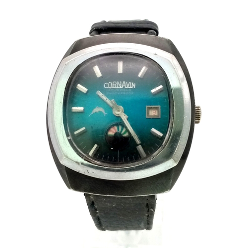 276 - A Rare Cornavin Mystery Watch. Black leather strap. Case - 38mm. Shades of blue dial with date and m... 