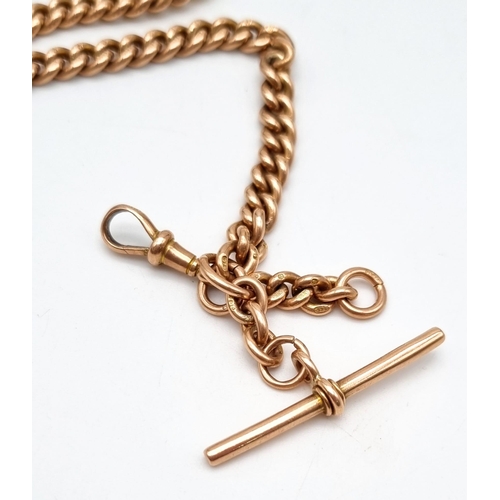 280 - A Lovely Antique 9K Rose Gold Albert Chain with T Bar. Multiple hallmarks. 40cm. 50.05g.