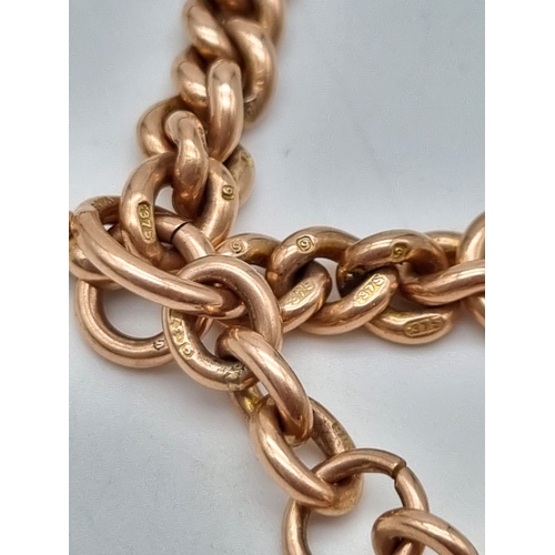 280 - A Lovely Antique 9K Rose Gold Albert Chain with T Bar. Multiple hallmarks. 40cm. 50.05g.