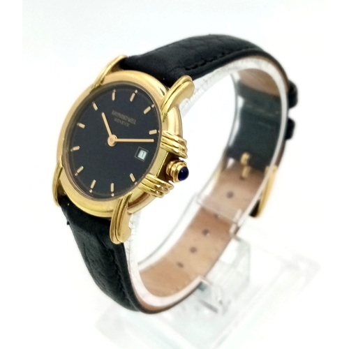 447 - A Raymond Weil Gold Plated Ladies Watch. Black leather strap. Case - 26mm. Black dial with date wind... 