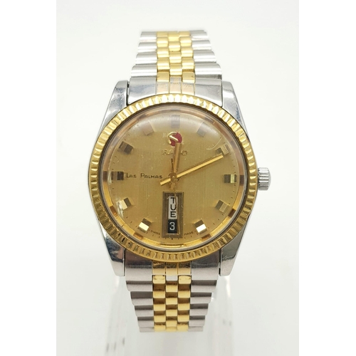 1110 - A Lovely Vintage Rado Las Palmas Automatic Gents watch. Two tone strap and case - 36mm. Gold tone di... 